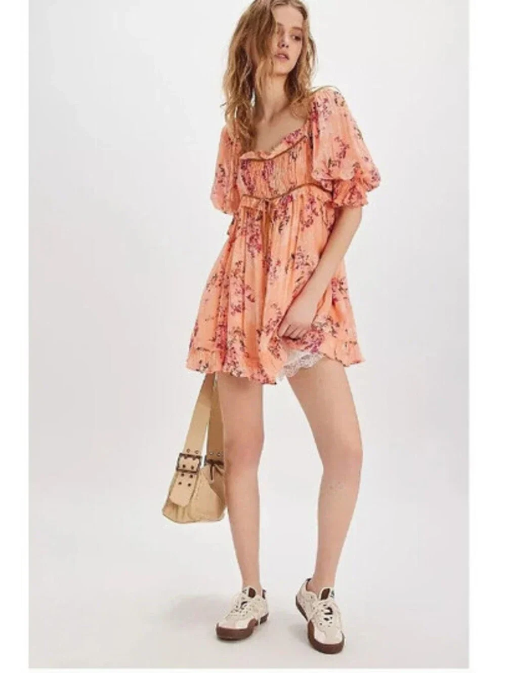 Free People Marney Mini Dress  peach pink Combo floral print size S  $148msrp